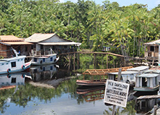 A fotografia apresenta uma visão geral da Comunidade Santo Ezequiel Moreno, Portel/PA. O primeiro plano mostra, no canto inferior direito, uma placa com informações da localização da Comunidade. No segundo plano, à direita, dois barcos brancos e um terceiro, ainda em construção, estão ancorados. À esquerda, dois outros barcos estão ancorados na frente de duas casas de palafita. No terceiro plano, uma vegetação verde e densa compõe a imagem. Está de dia.